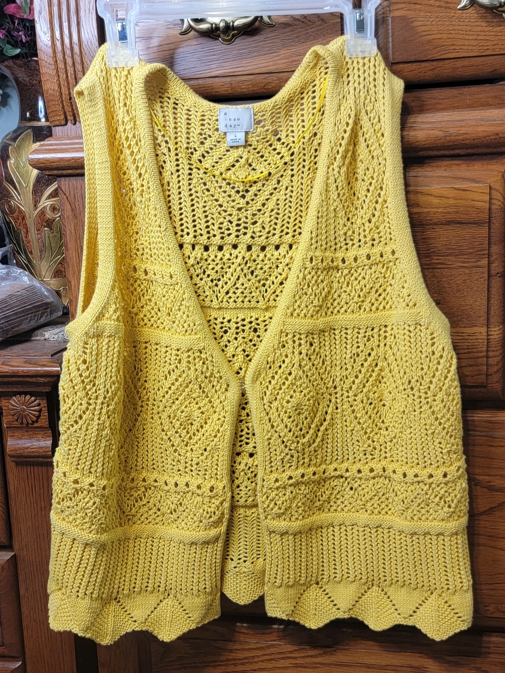 a new day Yellow Crocheted Openwork Vest Size Large